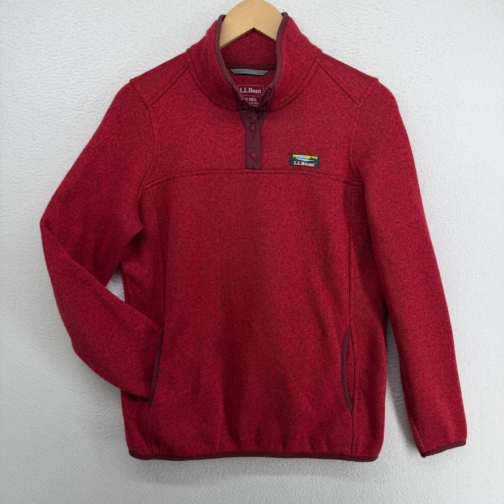 LL BEAN Sweater Fleece Womens M Snap Front Sweatshirt Sweater-knit Pullover Red